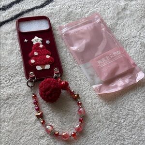 Red Embroidered Christmas Tree Phone Case with Beaded Wrist iPhone 17 pro max